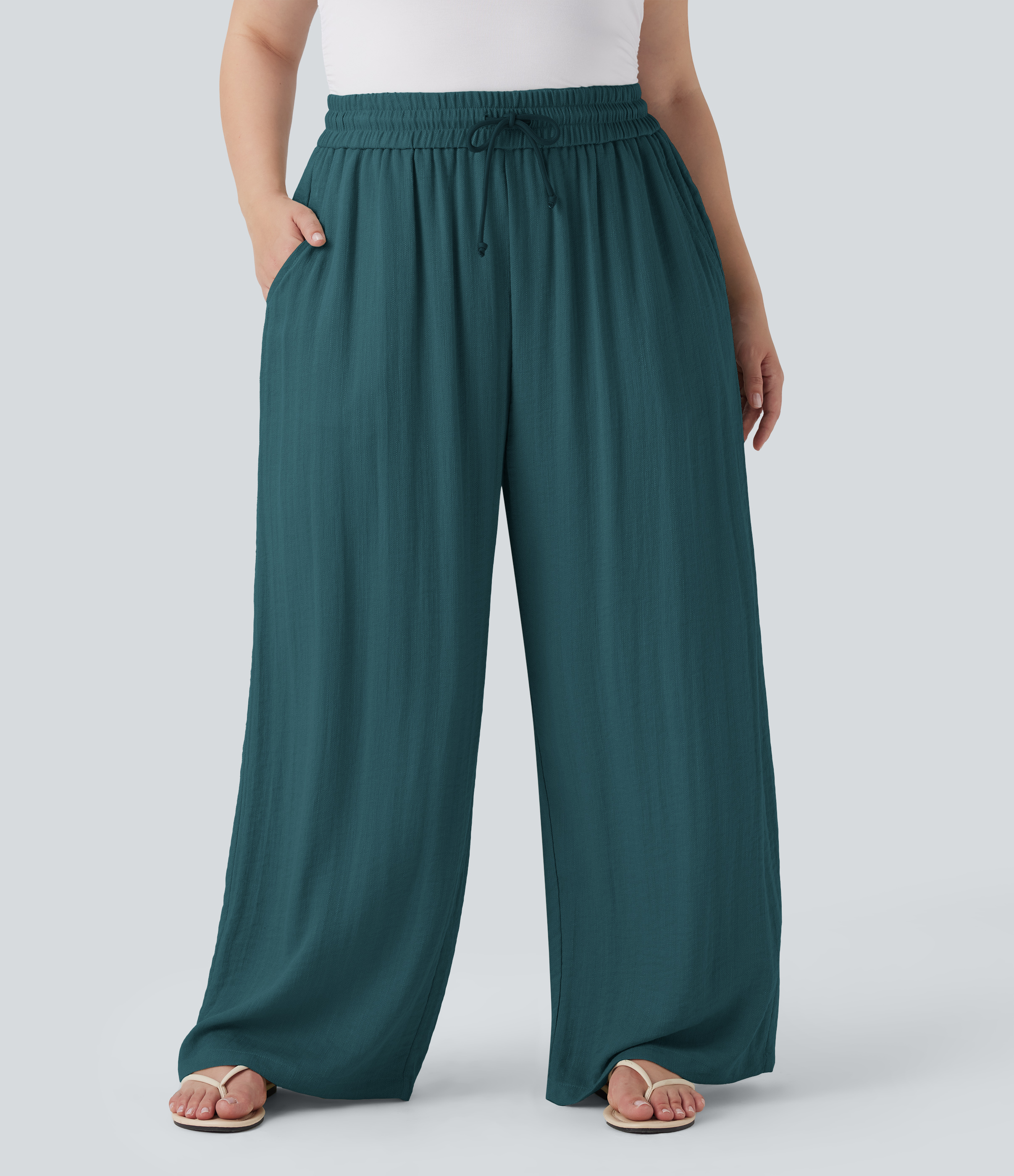 High Waisted Drawstring Linen-Feel Wide Leg Casual Plus Size Pants with Pockets  - Atlantic Deep
