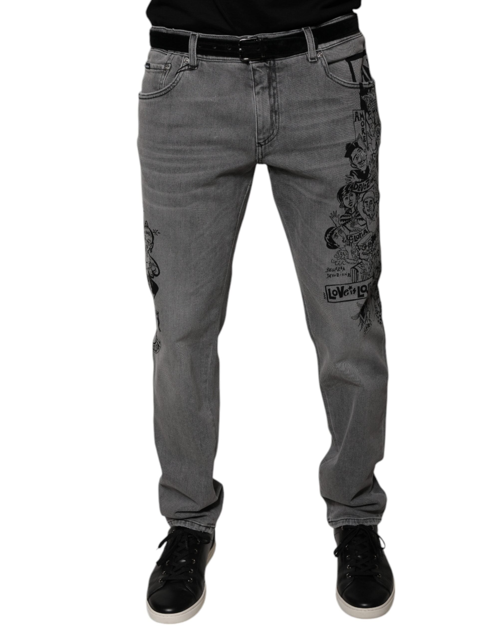 Graphic Print Skinny Denim Jeans — Gray