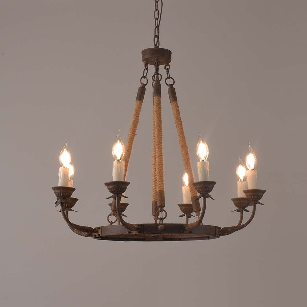 Candlely Rustic Flaxen Hemp Rope & Metal 8-Light Round Candelabra Chandelier in Rust