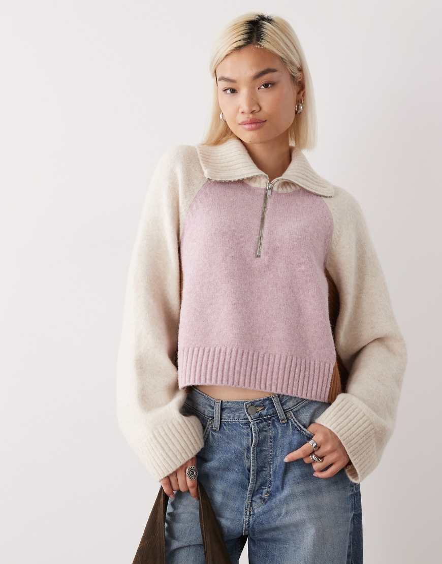 Half zip color block sweater in pink and cream-Multi