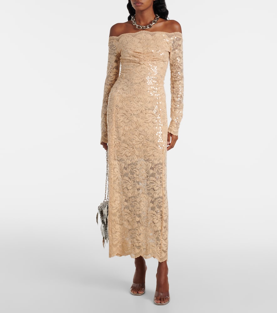 Sequined off-shoulder lace maxi dress