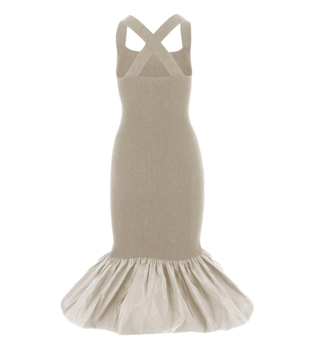 Beige Ruffled Knitted Midi Dress