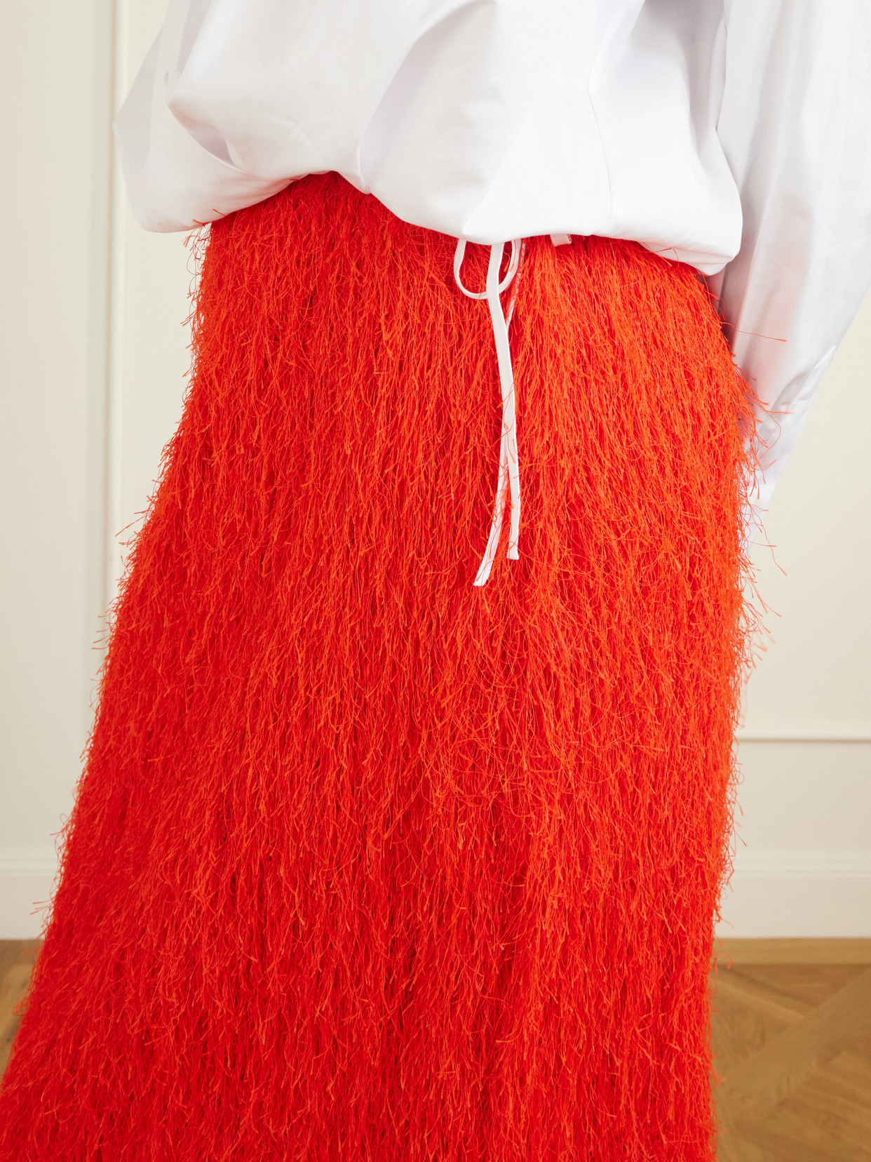 Fringed Knitted Midi Skirt - Red