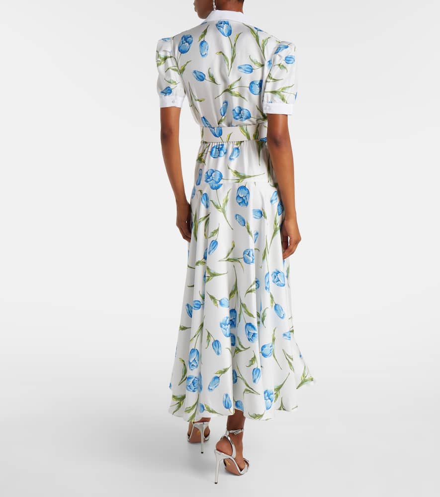 Belted floral silk twill midi dress