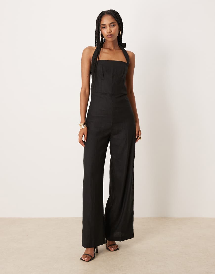 Square neck halter pleat front jumpsuit in black