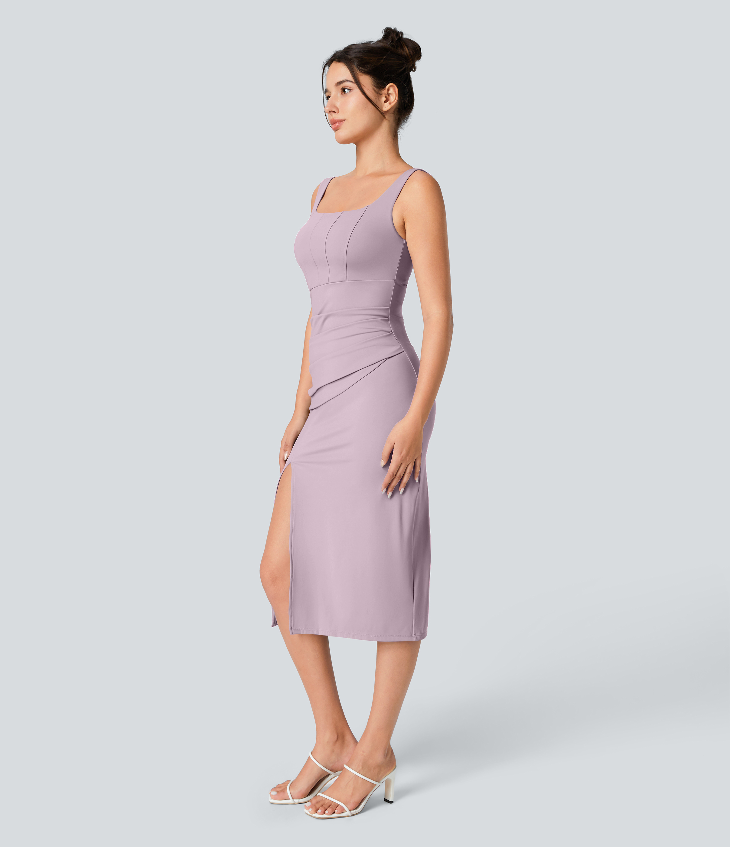 SoftlyZero™ Airy Square Neck Backless Corset Ruched Split Bodycon Midi Cool Touch Bridesmaid and Wedding Guest Dress Casual Dress - Pink Purple