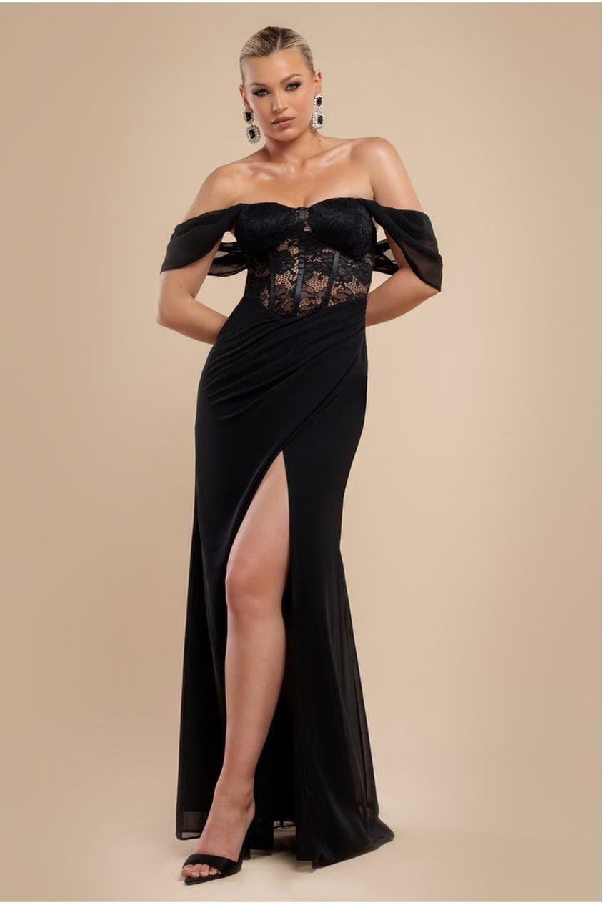 Goddiva Scalloped Lace & Chiffon Winged Corset Bodice Maxi Dress - Black