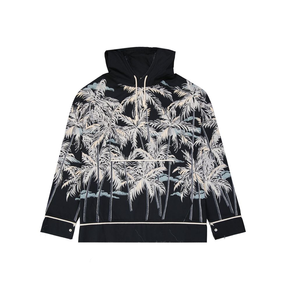 Palm Print Cotton Hoodie — Black