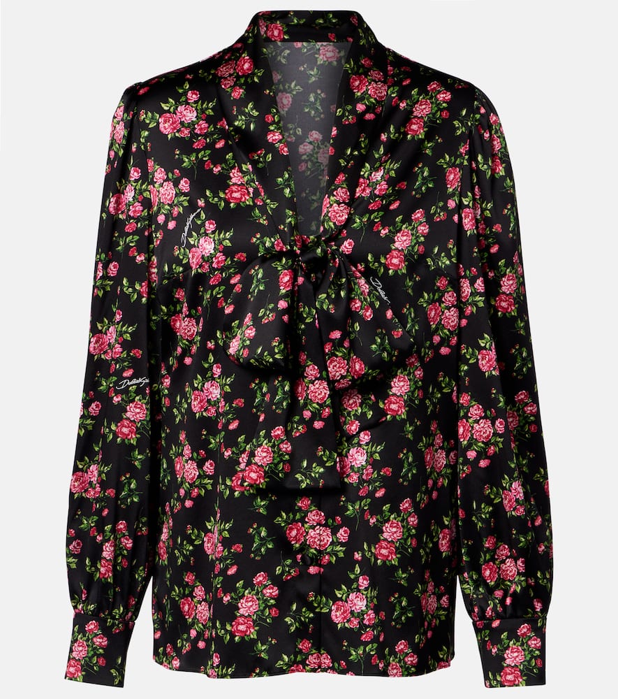 Floral tie-neck silk-blend satin blouse