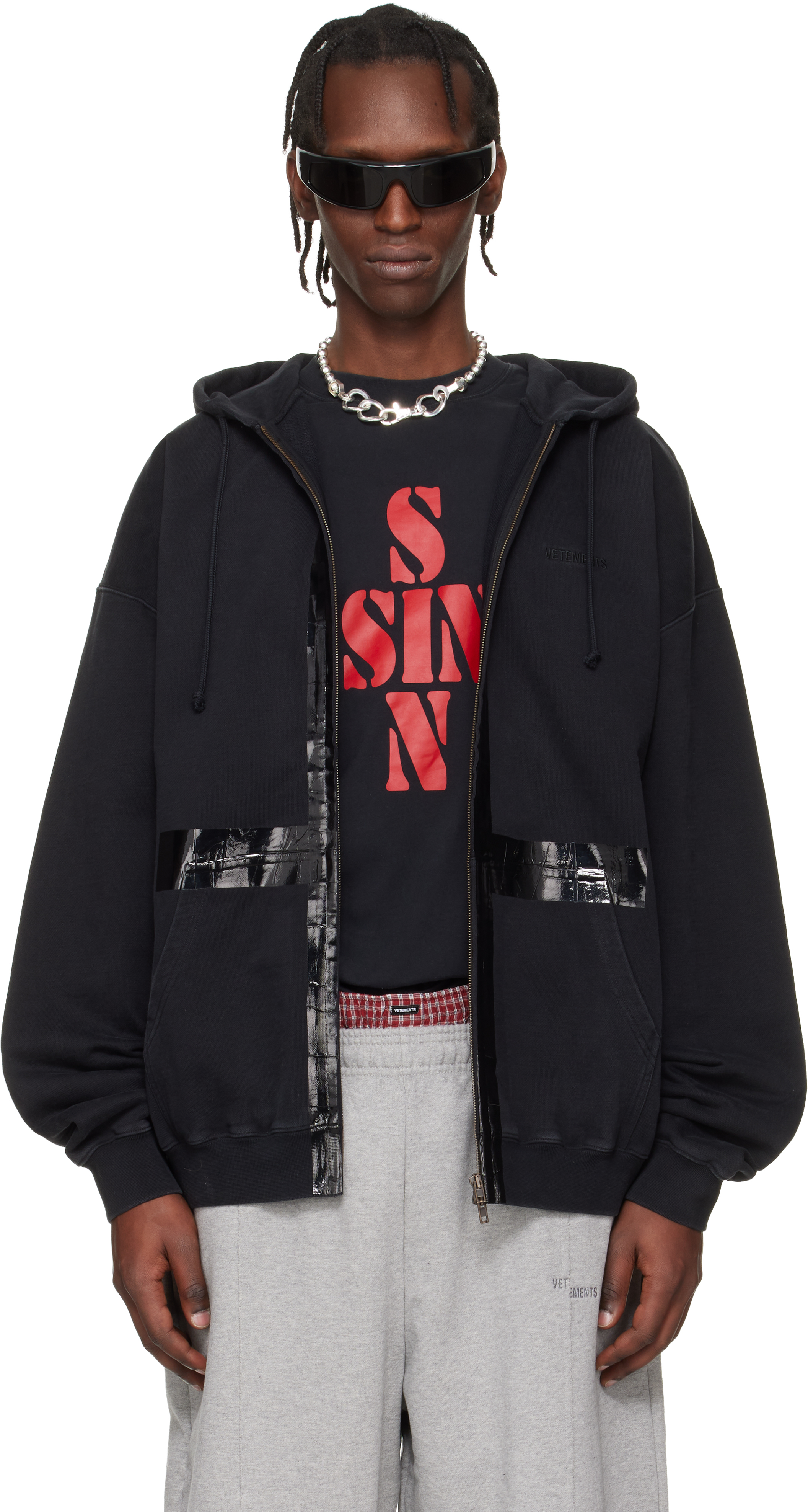 Black Taped Zip-Up Hoodie