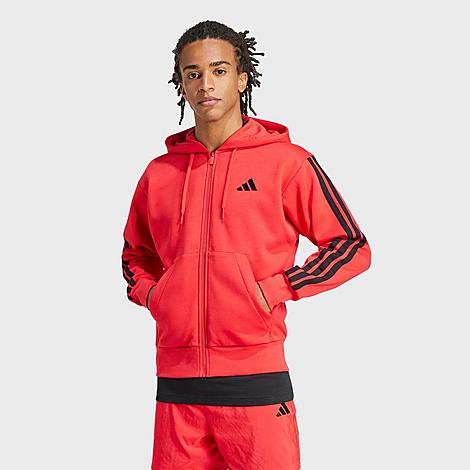 Men's Essentials 3-Stripes Fleece Full-Zip Hoodie in Pure Ruby/Black
