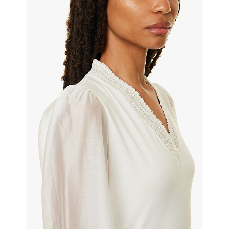 Womens Cream Fluid Layering Frilled-trims Cotton-blend Top