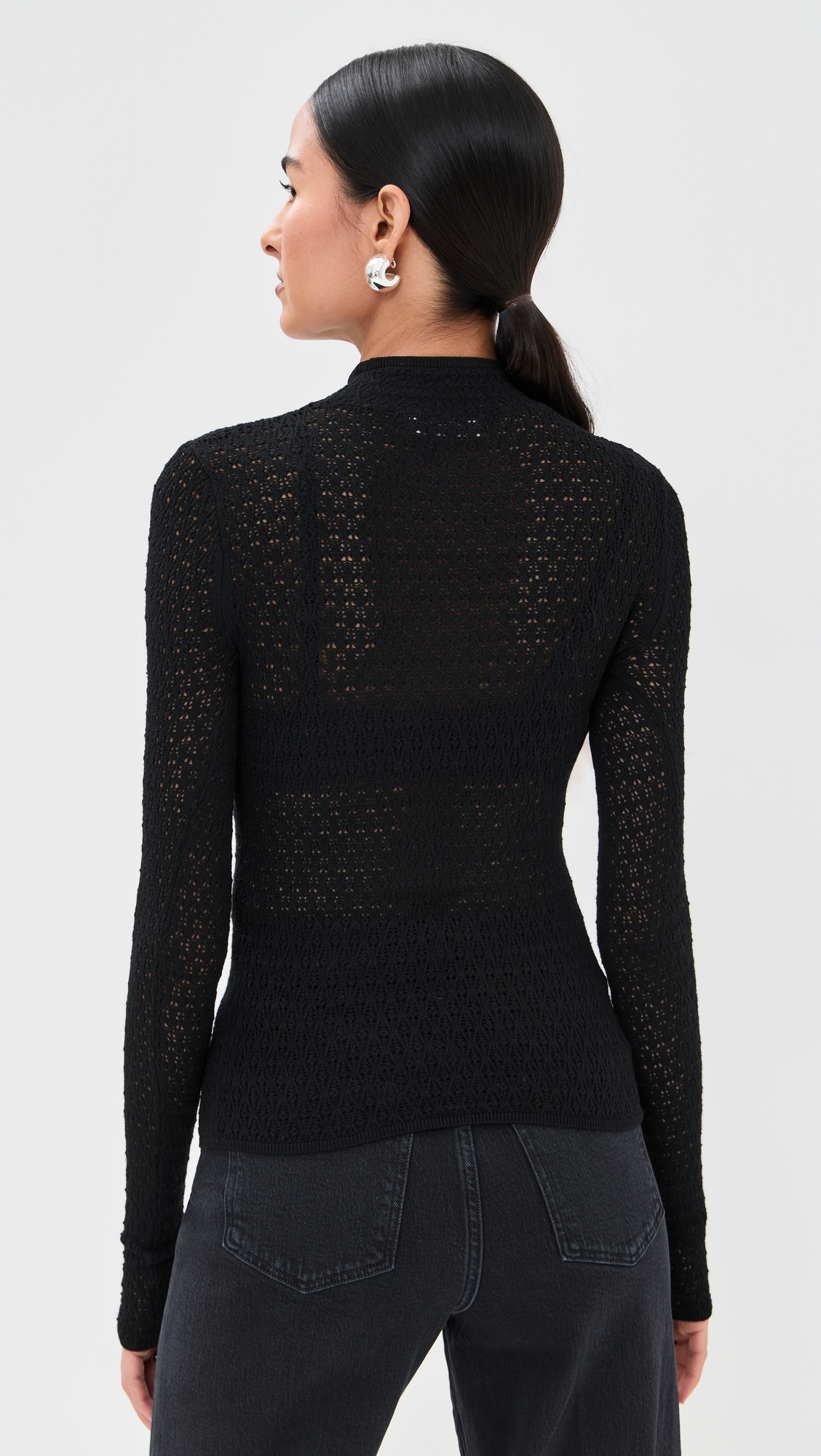 Marlo Lace-Like Fitted Mock Neck Tee Black