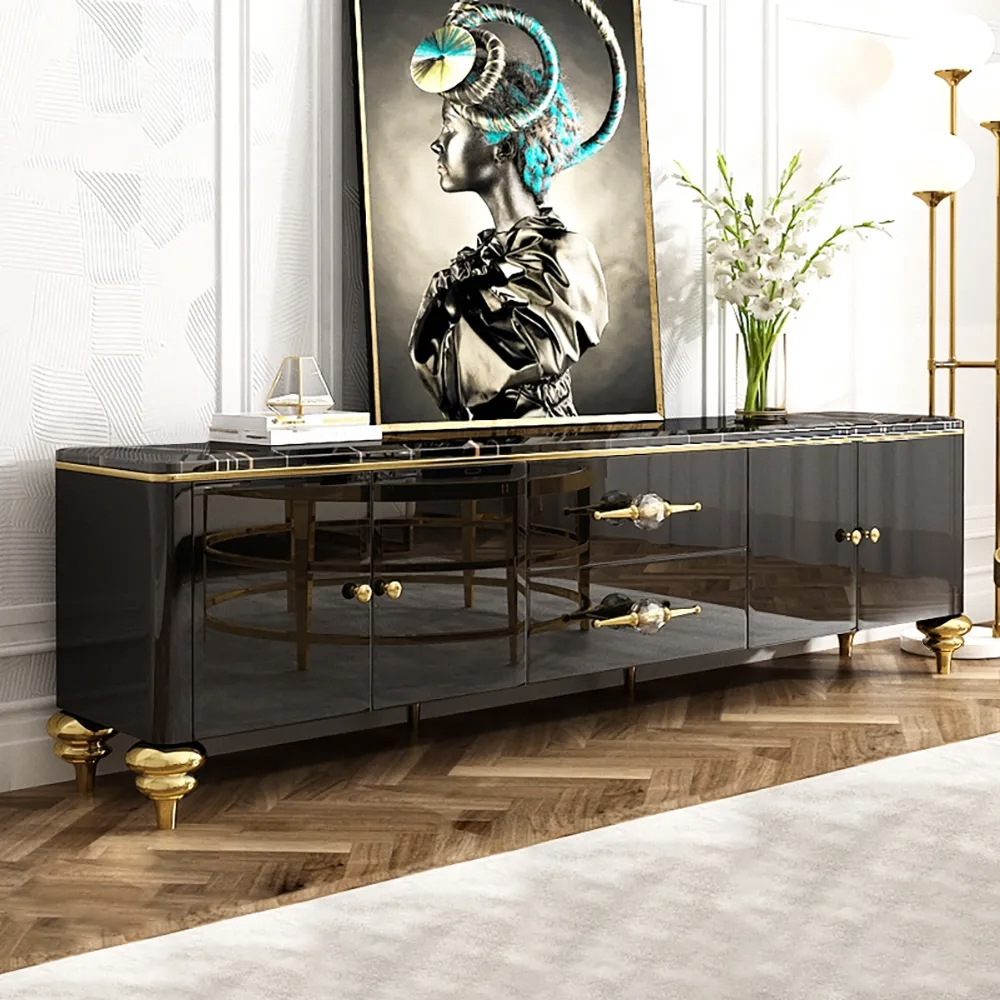 Chift Modern Black TV Stand 4-Door 2-Drawer Luxurious Media Console for TVs Up to
