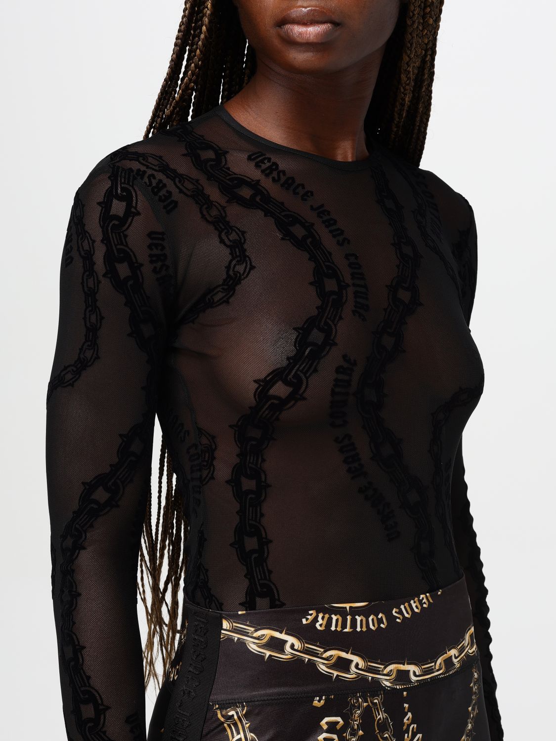 Chain Couture-print tulle bodysuit - Black