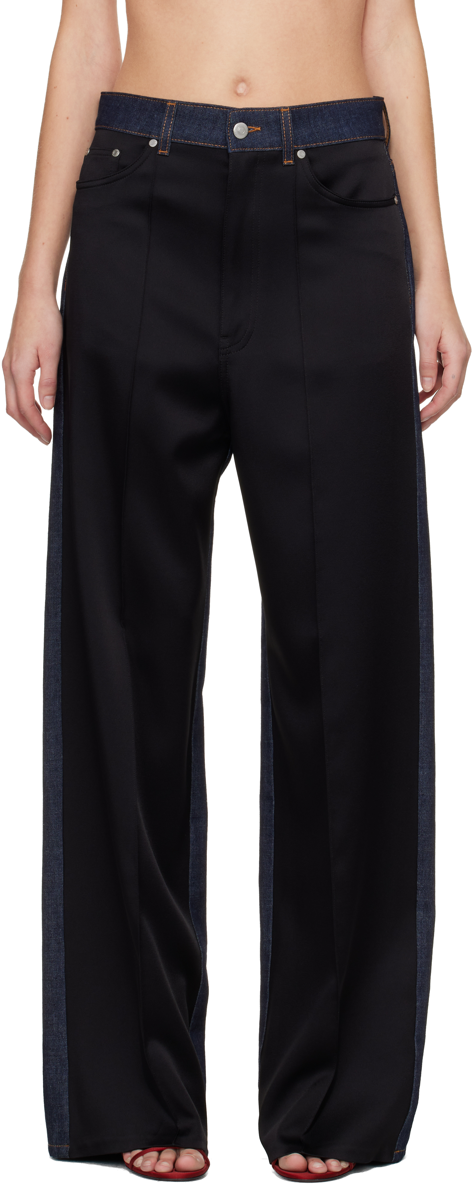 Navy & Black Wide-Leg Satin-Panel Jeans