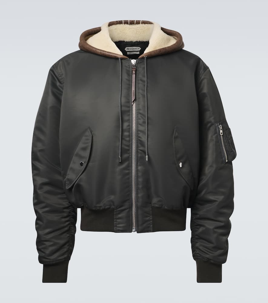 Hooded shearling-trimmed bomber jacket