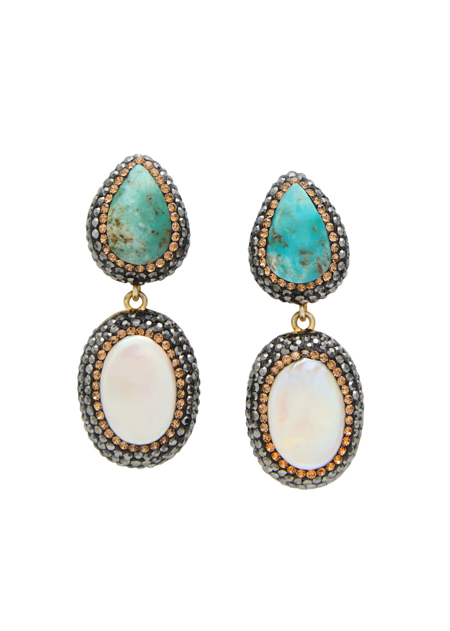 Soru Jewellery Baroque Pearl and Turquoise 18kt Gold-plated Drop Earrings