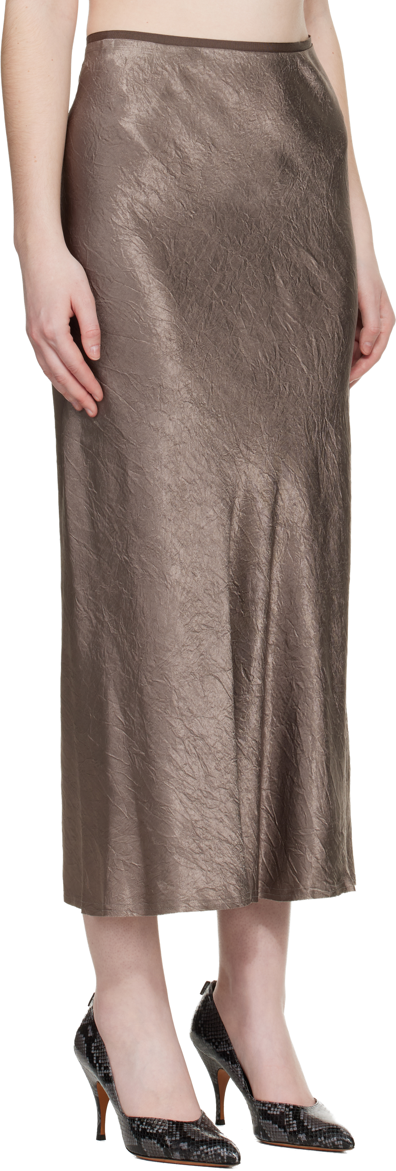 Taupe Satin Midi Skirt
