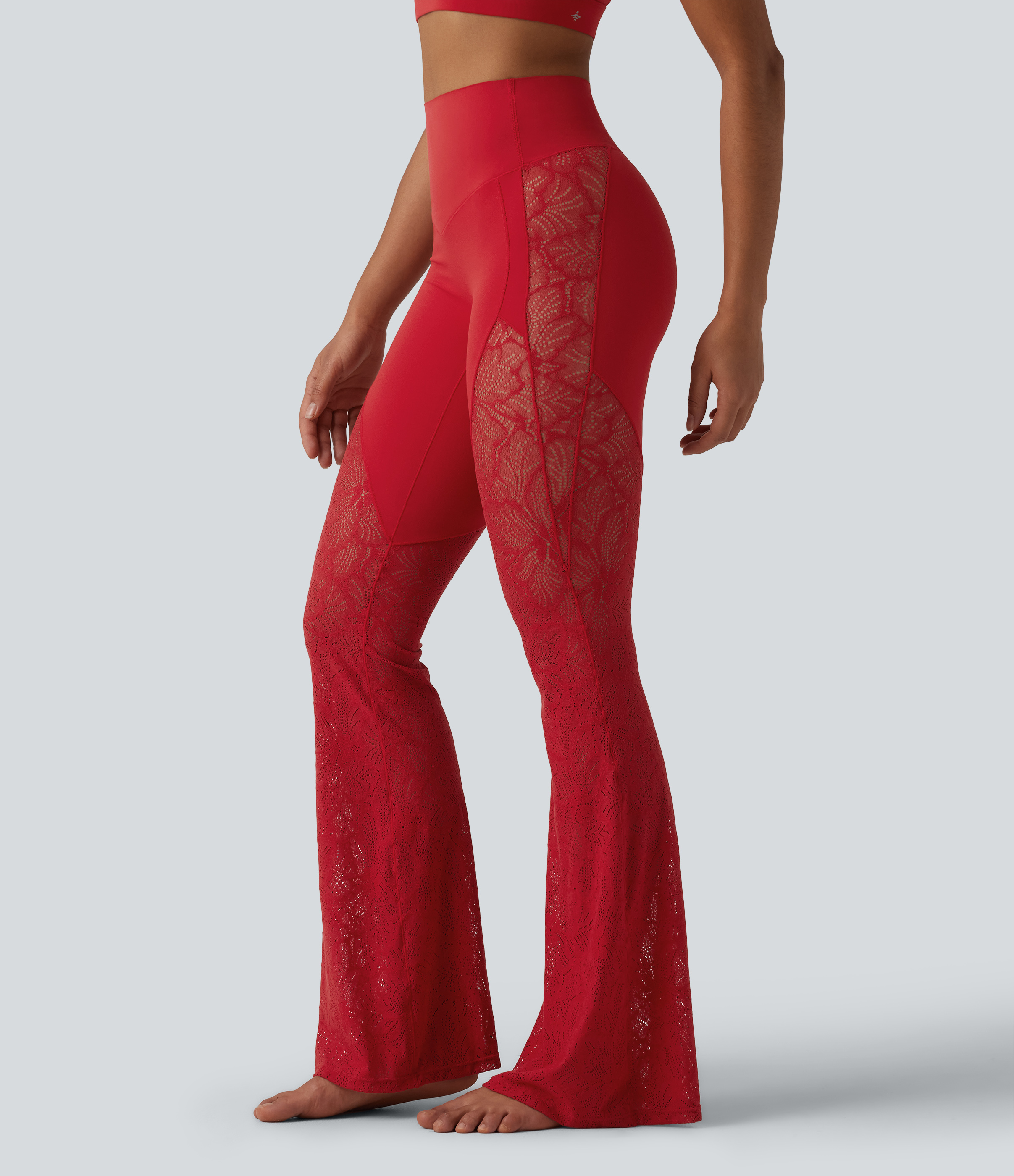 UltraSculpt™ High Waisted Tummy Control Contrast Lace Yoga Flare Leggings with Pocket  - Aura Orange