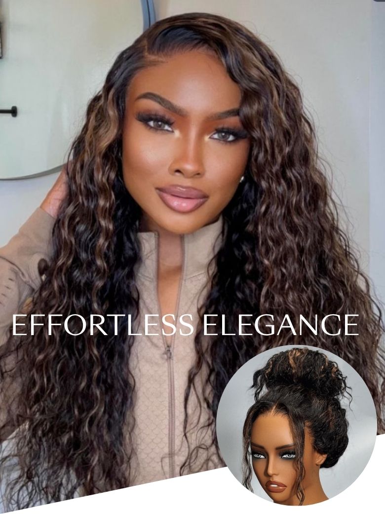 [18"-24"] 7x5 Bye-Bye Knots Lace Water Wave Black Wig With Golden Brown Highlight