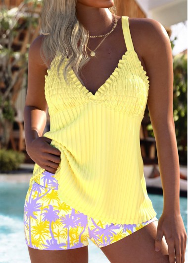 Modlily Tummy Coverage Mid Waisted Plants Print Yellow Tankini Set