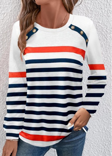 Modlily Navy Button Multi Stripe Print Long Sleeve T Shirt