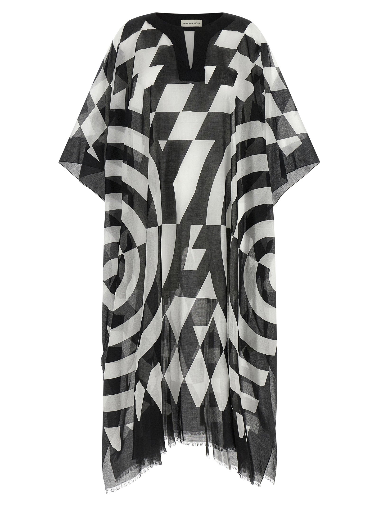 Optical Geometric-Print Caftan — Black