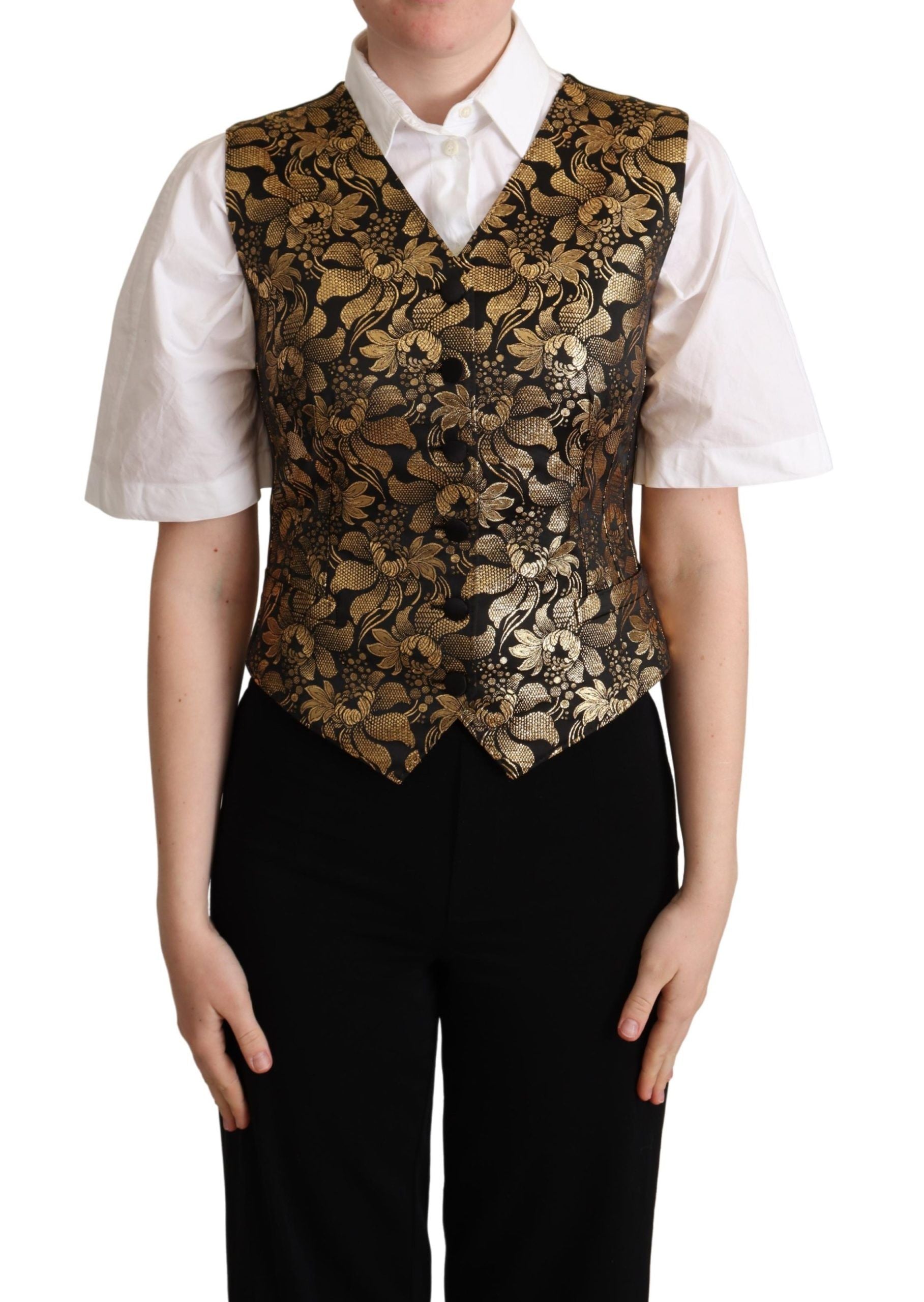 Gold Jacquard Silk Vest — Black