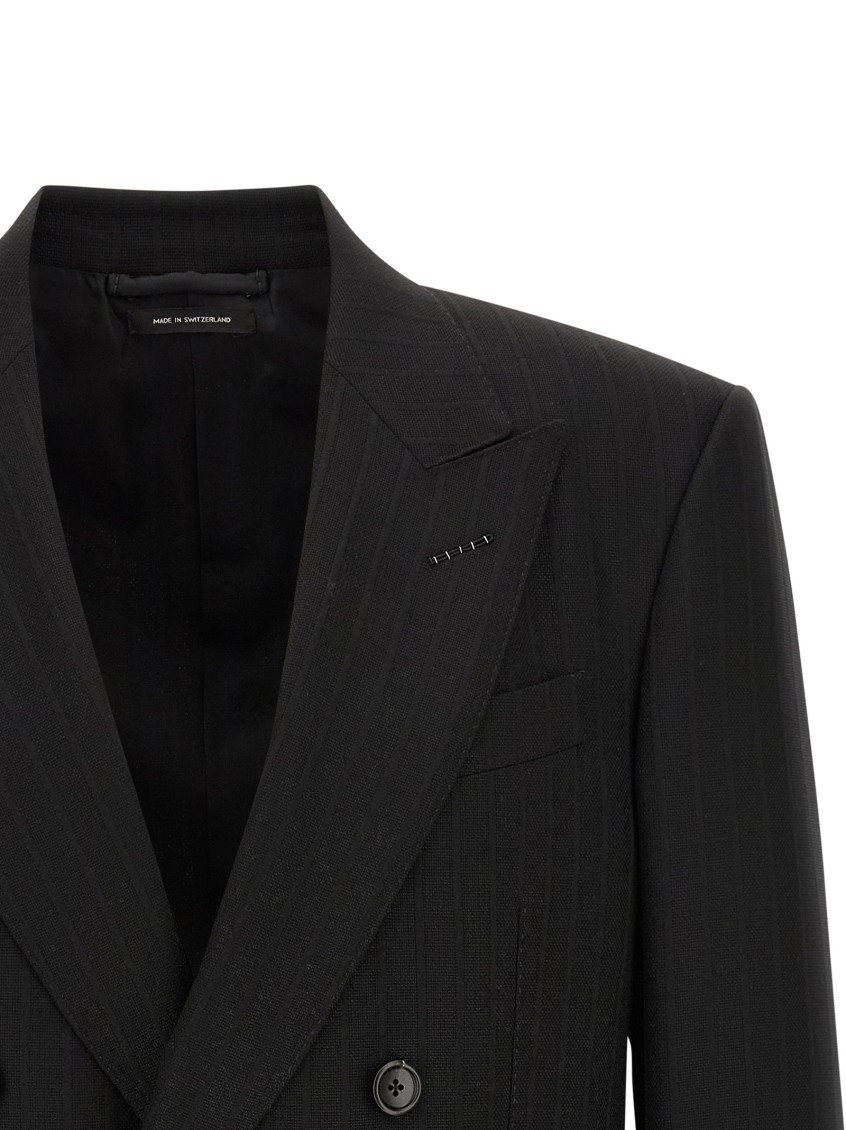 Solid Satin Stripe Double Breasted Jacket Jackets Black