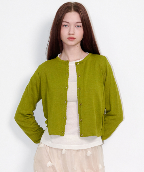 Sheer Scallop Linen Cardigan Olive