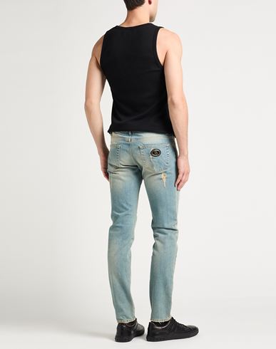 Man Jeans Blue Size 36 Cotton, Leather