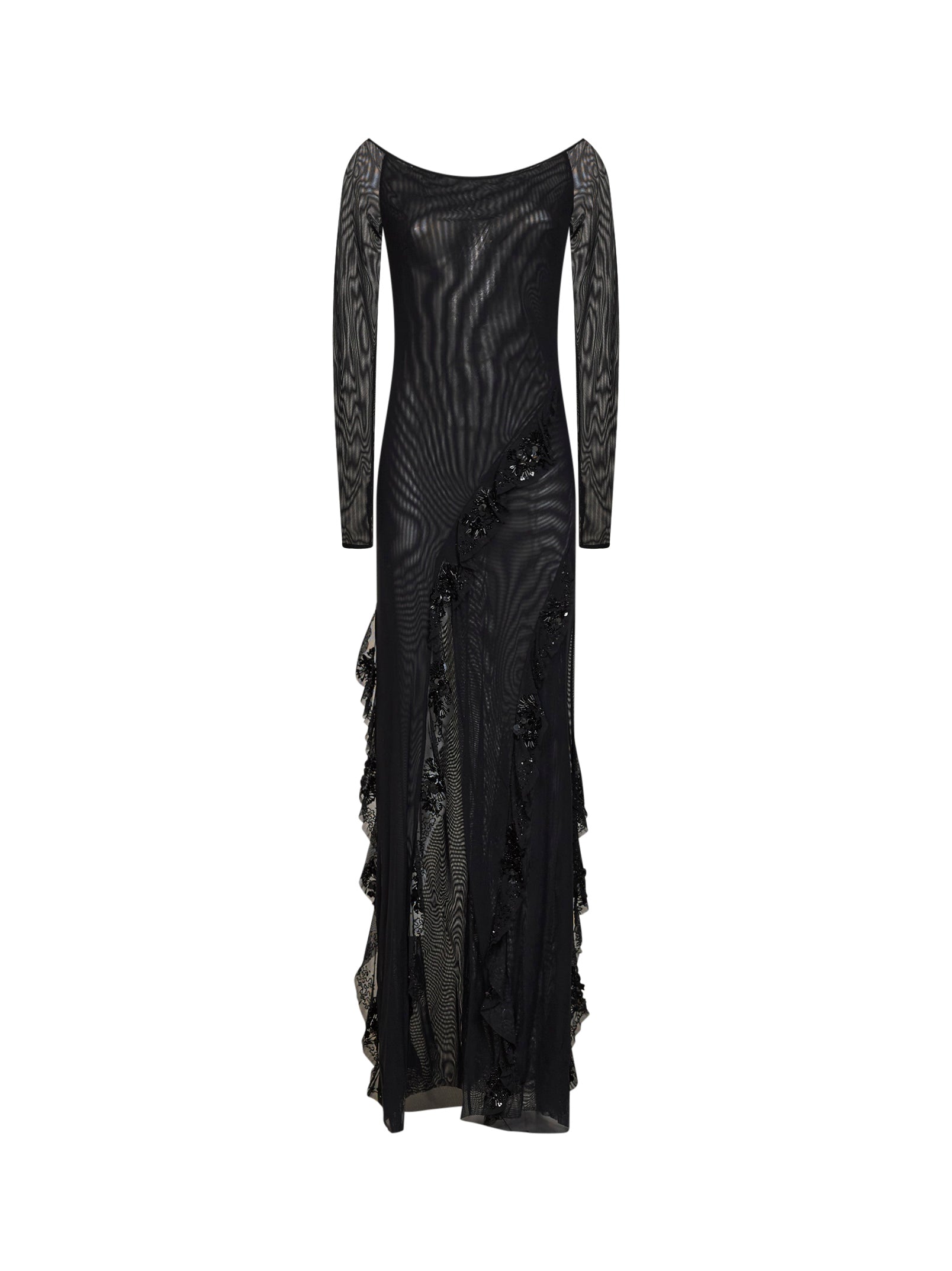 Beaded and Sequin-Embroidered Tulle Maxi Dress — Black