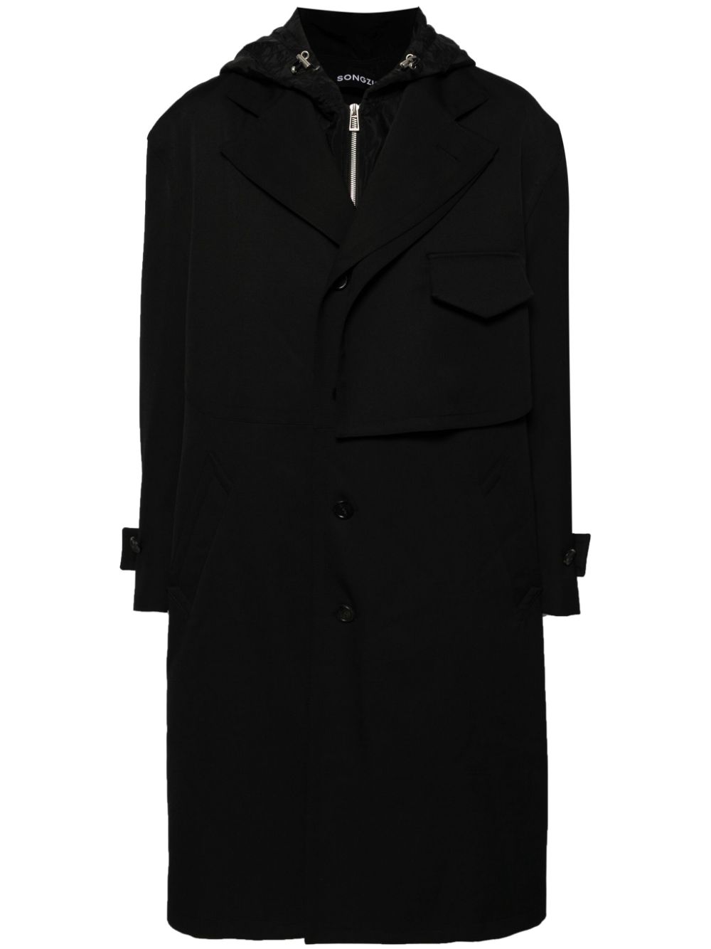 Detachable-hood wool trench coat - Black