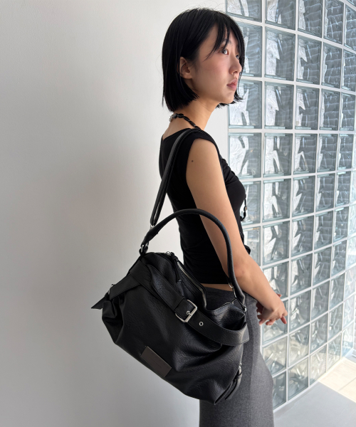 Belted Leather Boston Bag Black