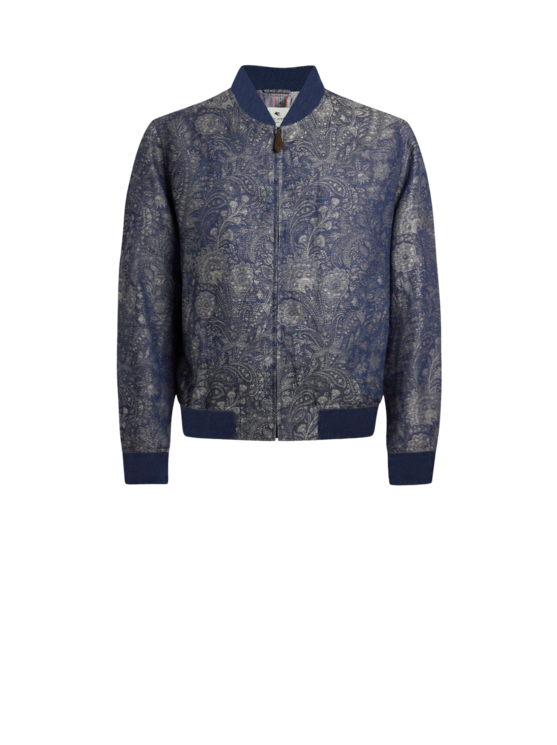 Jacquard Denim Bomber Jacket With Floral Paisley Motif