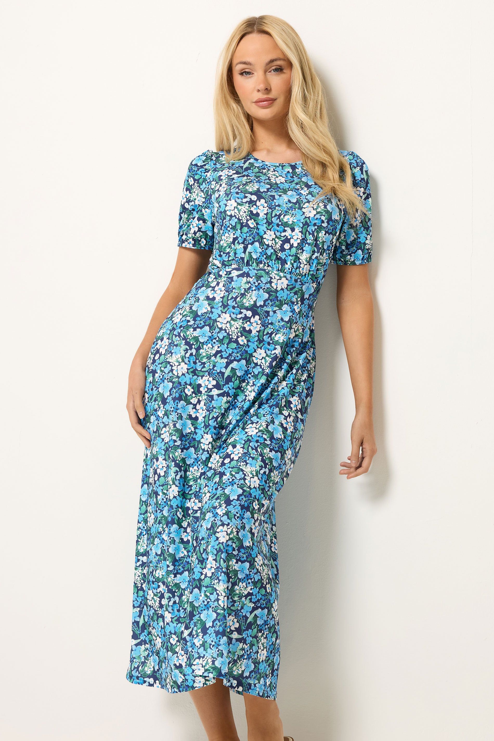 M&Co Women's Floral Short Sleeve Midi Dress in Blue