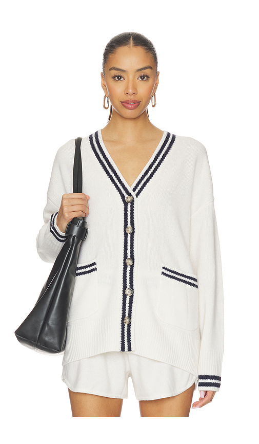 White & Warren Cashmere Varsity Cardigan in Soft White & Deep Navy. S also in L