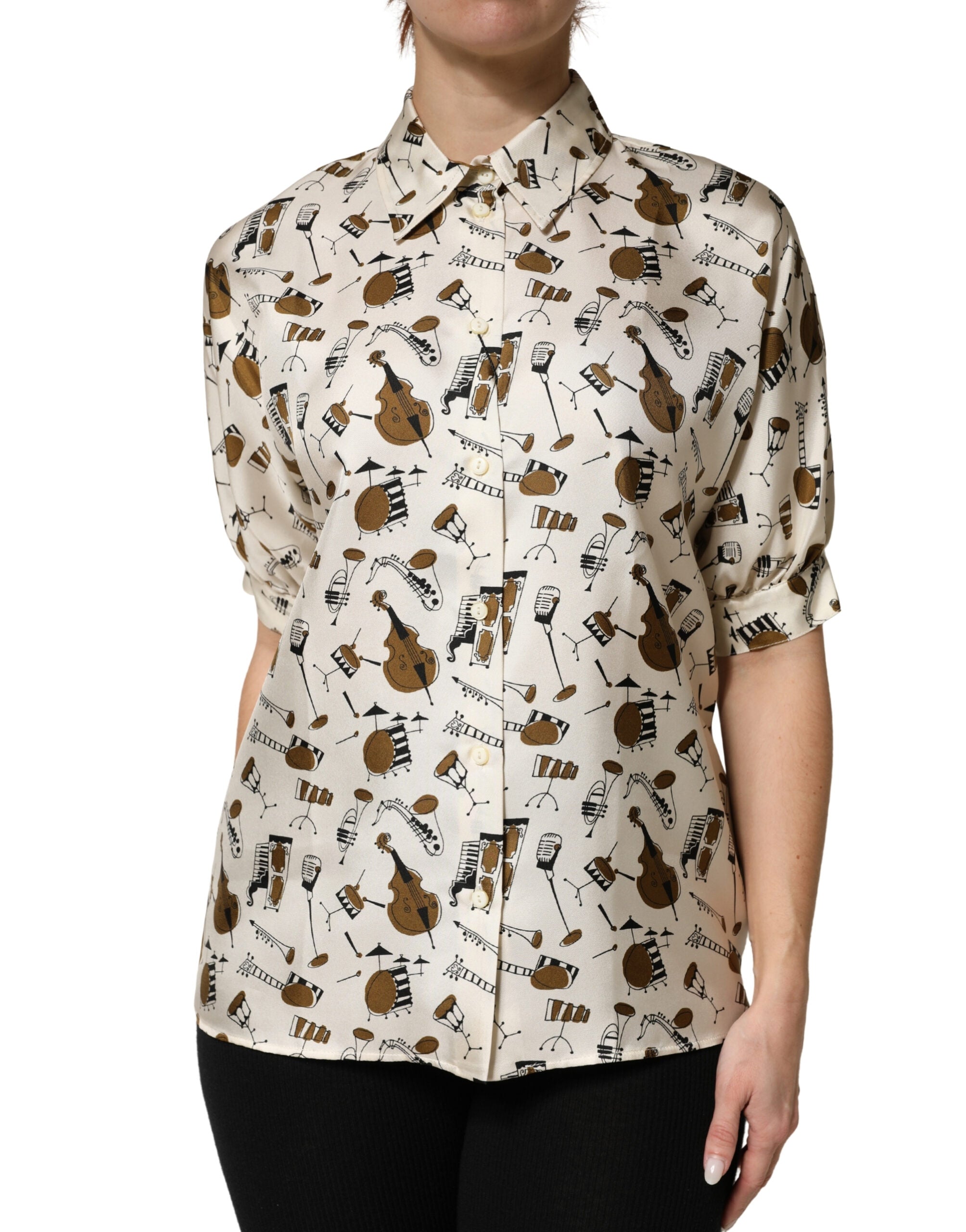Musical Instrument Print Silk Blouse — Beige