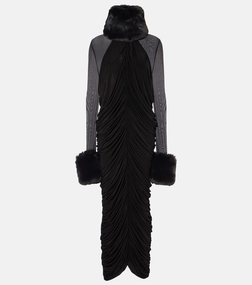 Faux fur-trimmed midi dress
