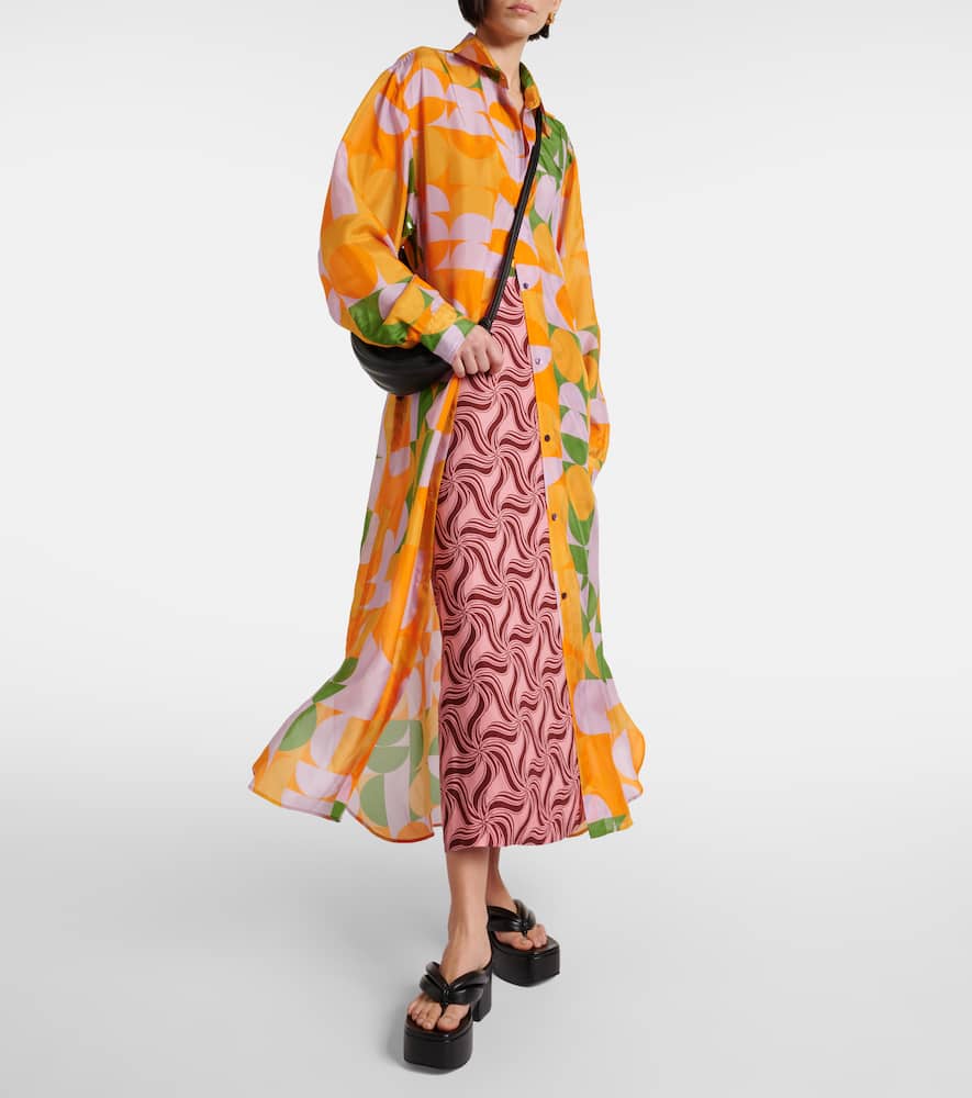 Printed silk pongee shirt dress