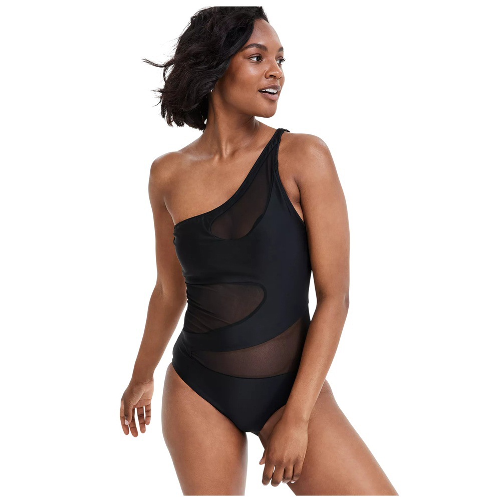 Black Women's One-Shoulder Mesh Cutout Swimsuit