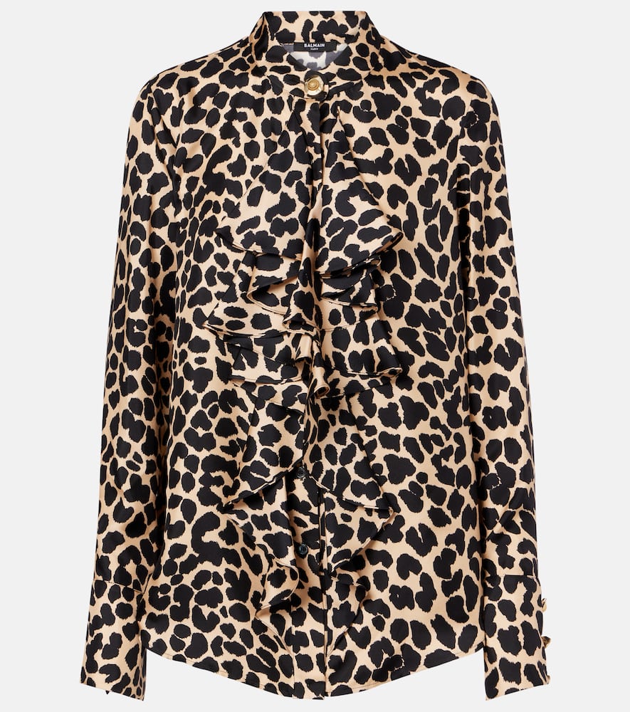 Leopard-print ruffled silk shirt