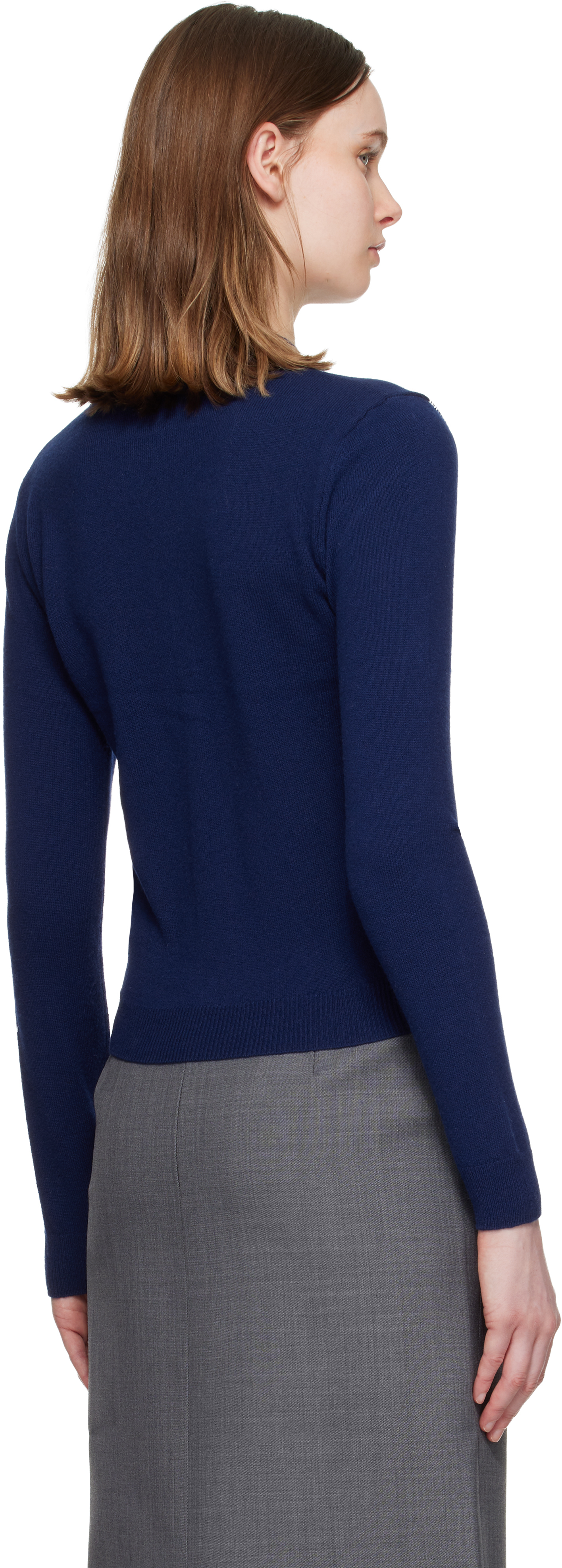 Navy Pin-Tuck & Threadwork Knit Sweater