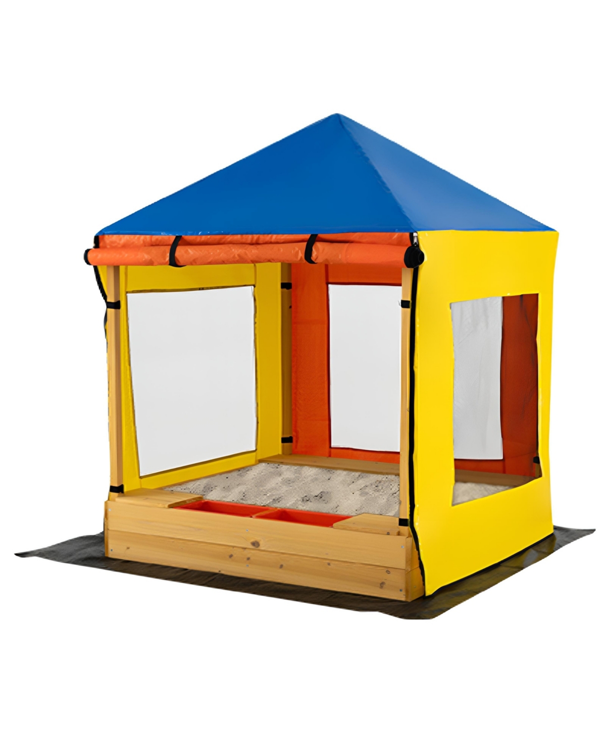 Outdoor Wooden Sandbox for Kids with Canopy and Mesh Windows - Multi-color
