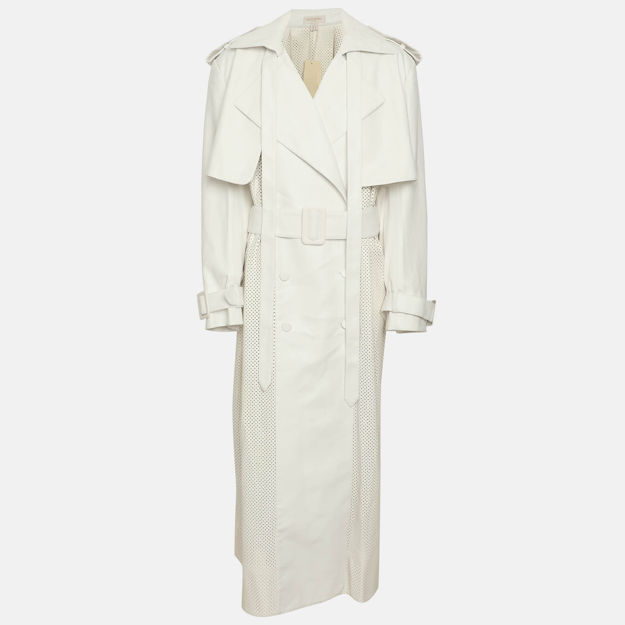 Materiel White Perforated Faux Leather Belted Trench Coat