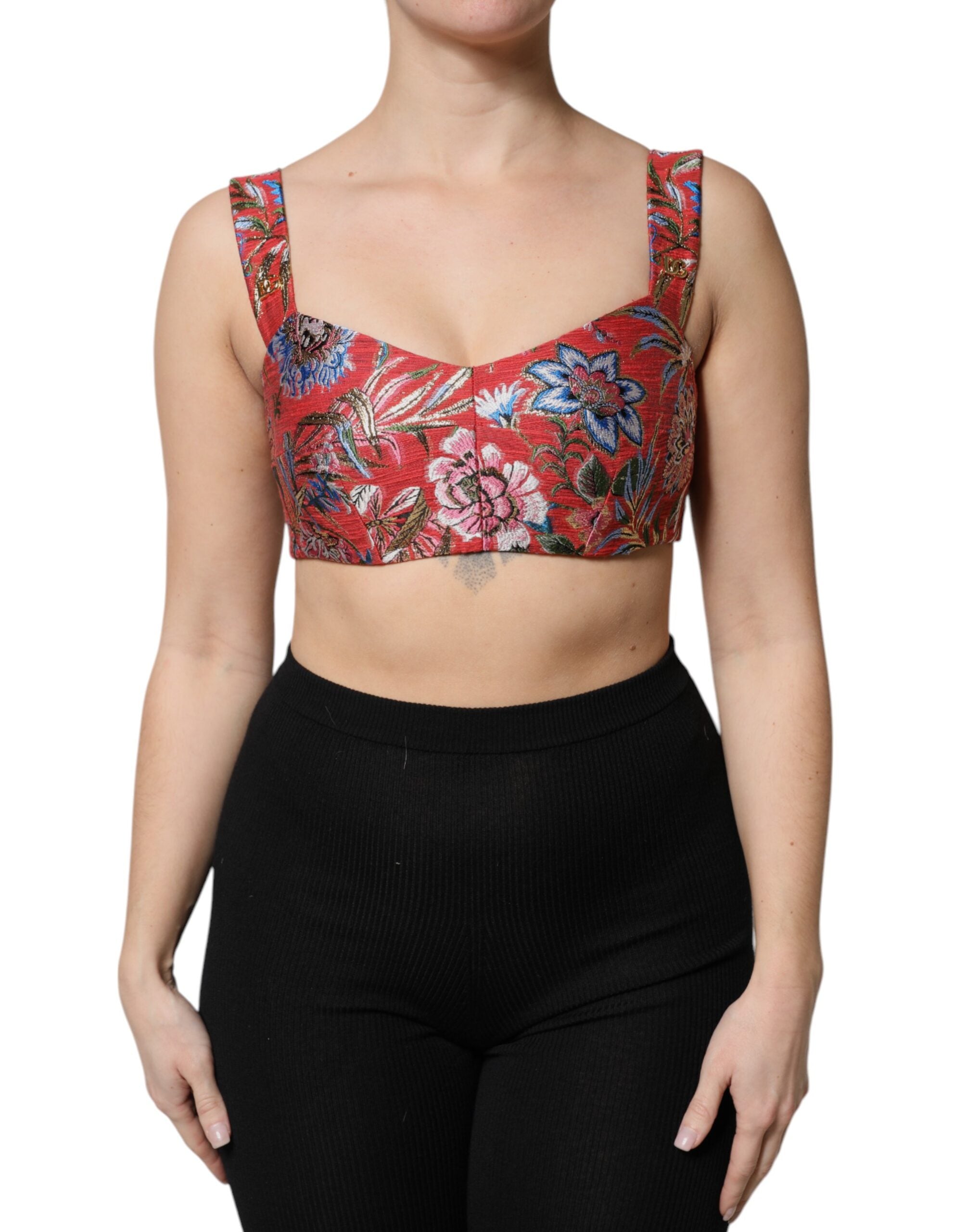 Floral Brocade Cropped Bustier Top — Red