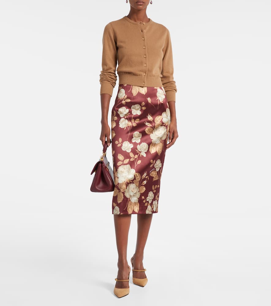 Floral high-rise satin midi skirt