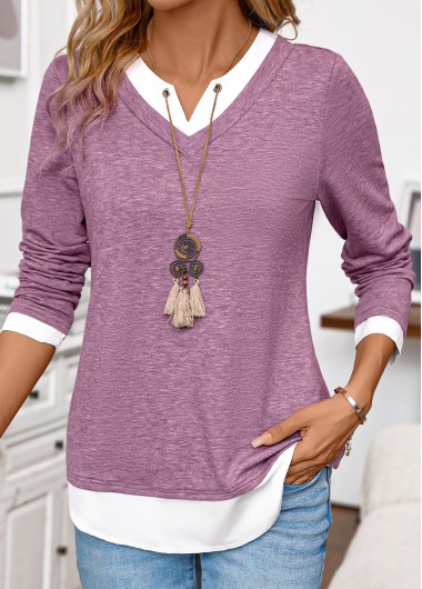 Modlily Dark Reddish Purple Patchwork Long Sleeve T Shirt