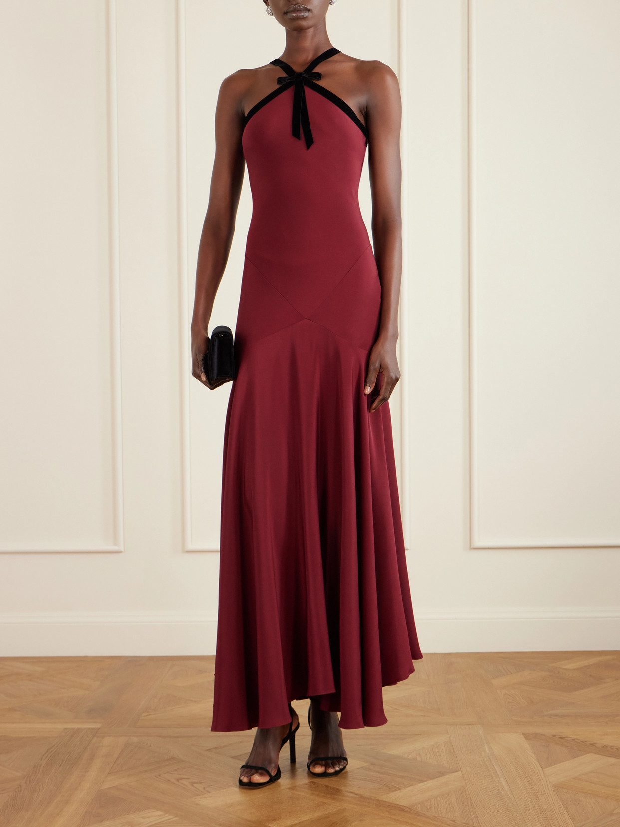 Bow-detailed Velvet-trimmed Silk-crepe Gown - Burgundy